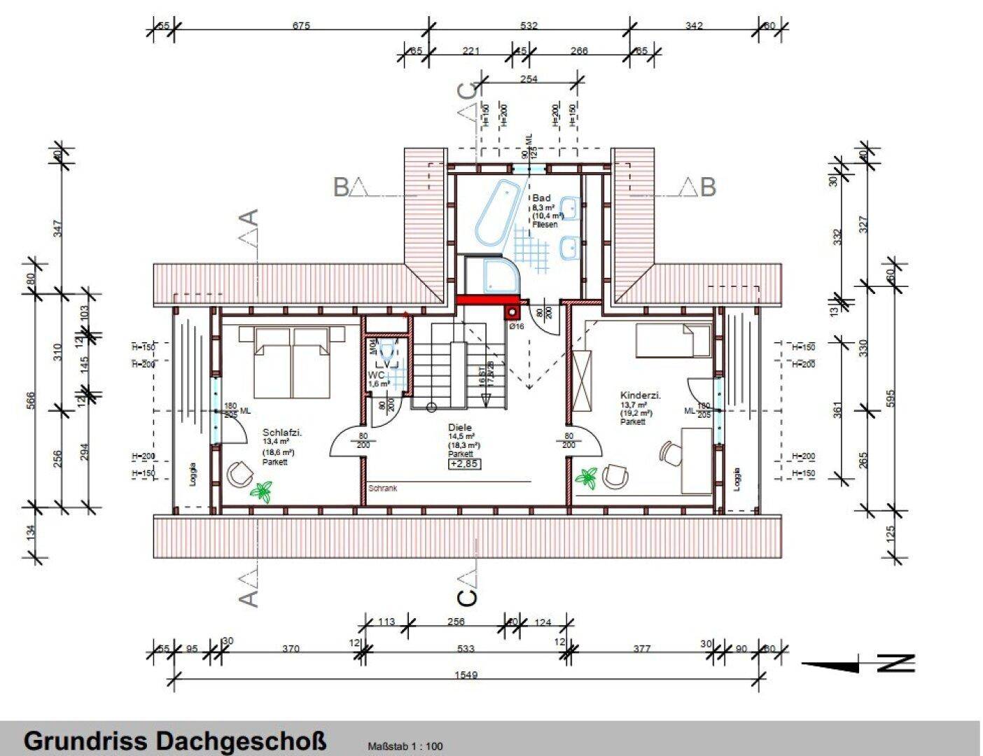 Grundriss des Dachgeschosses mit Schlafzimmern, Kinderzimmer und Bad.