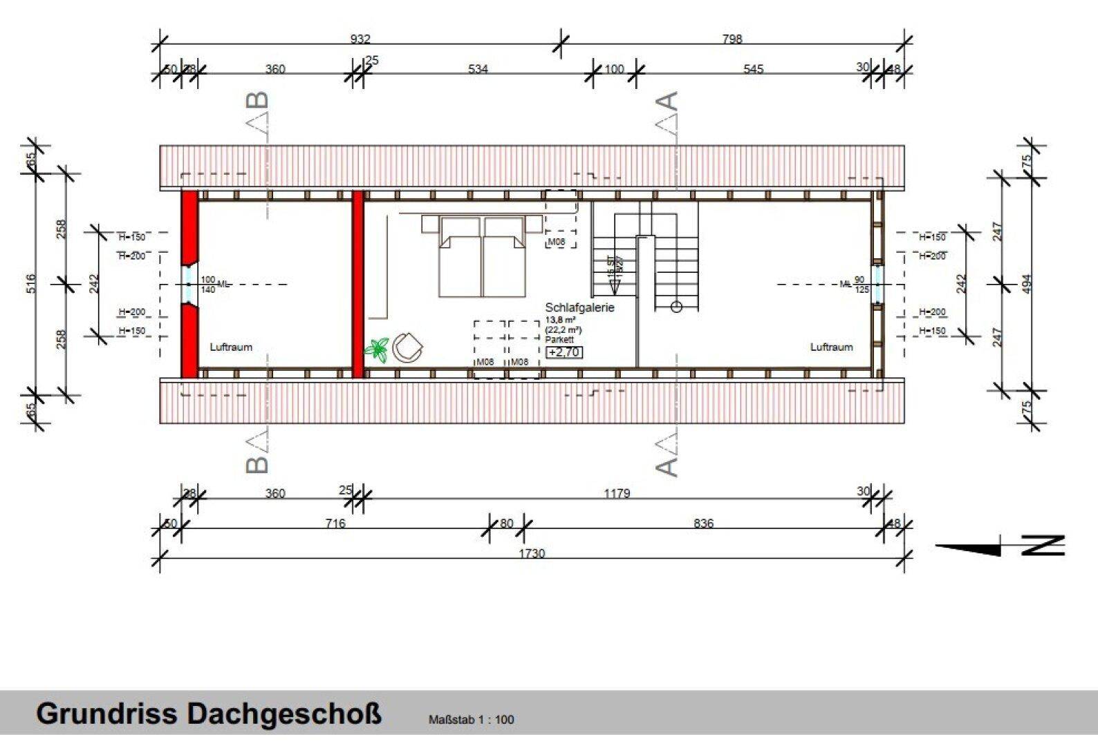 Grundriss des Dachgeschosses mit Schlafgalerie und offenem Luftraum.