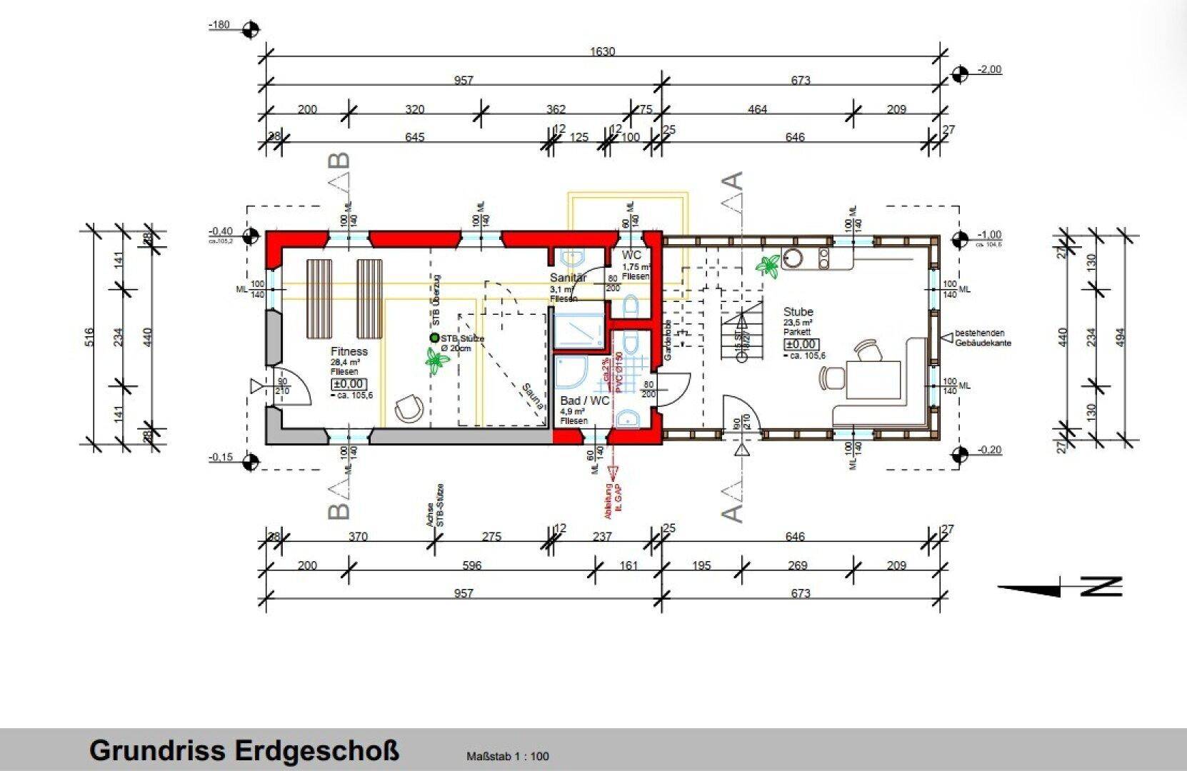 Grundriss des Erdgeschosses mit Fitnessraum, Bad und weiterem Zimmer.