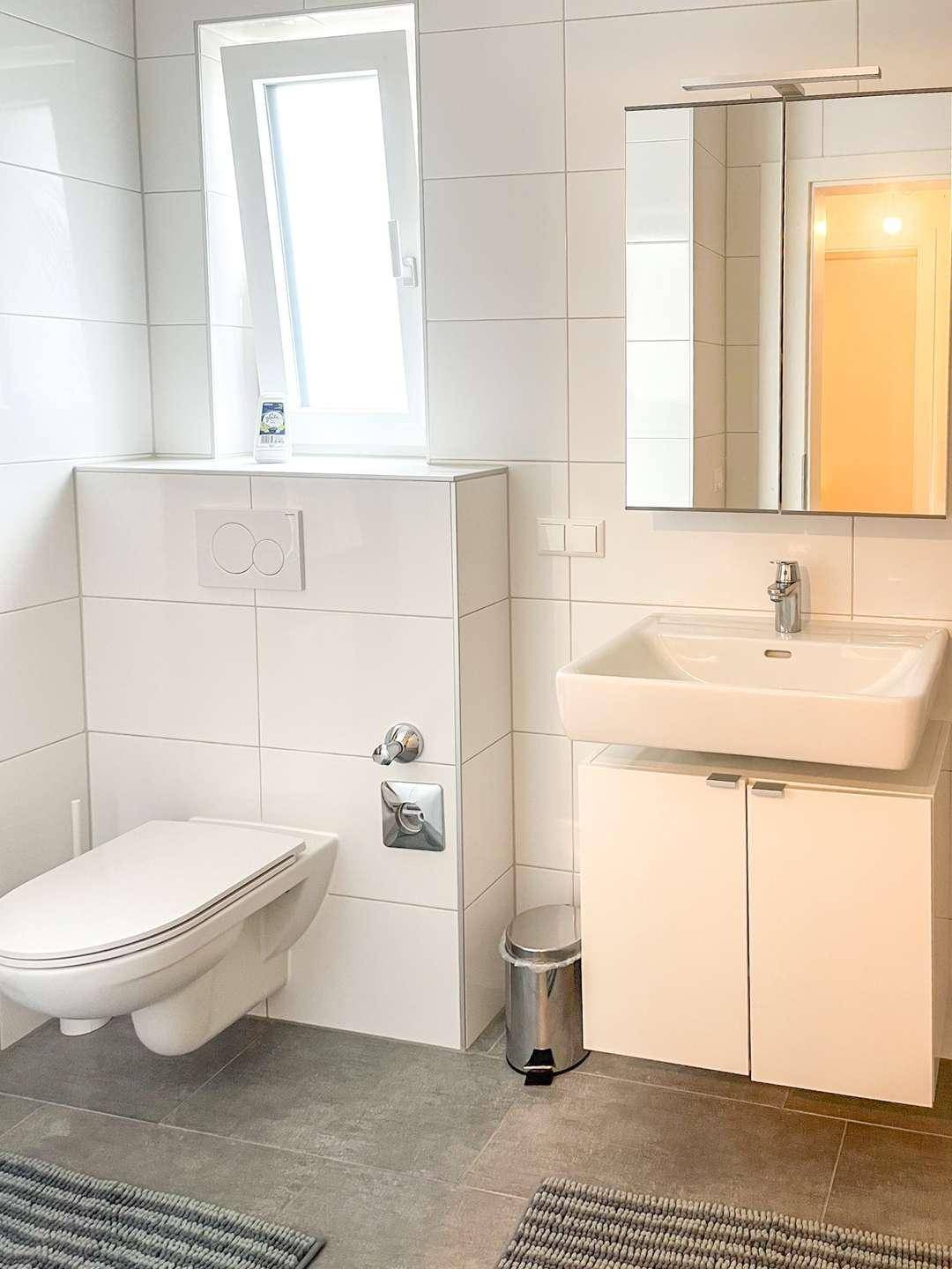 Modernes Badezimmer mit WC, Waschbecken, Spiegelschrank und Fenster.