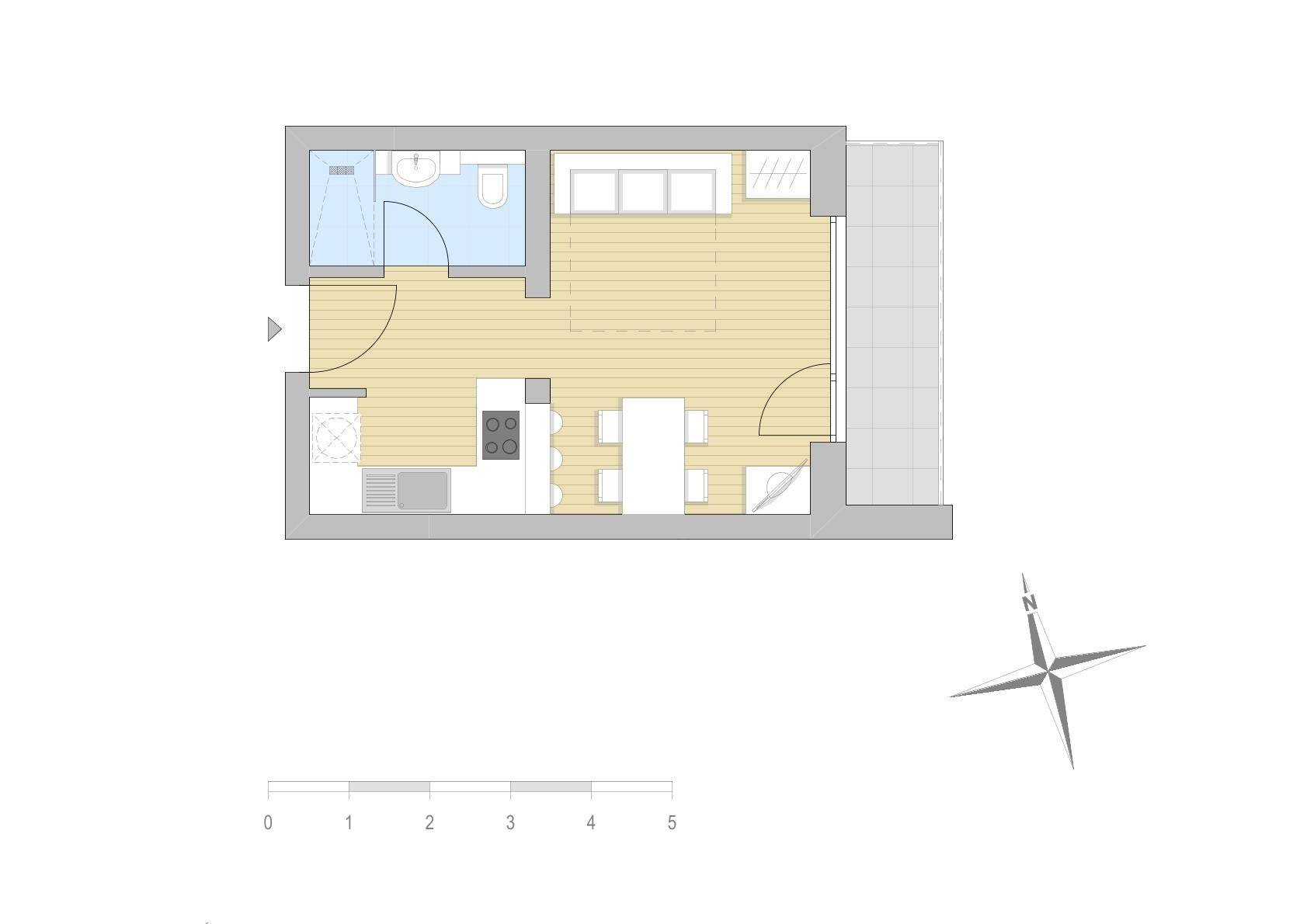 Grundriss einer Wohnung mit offenem Wohn-Essbereich, integrierter Küche und einem Badezimmer.