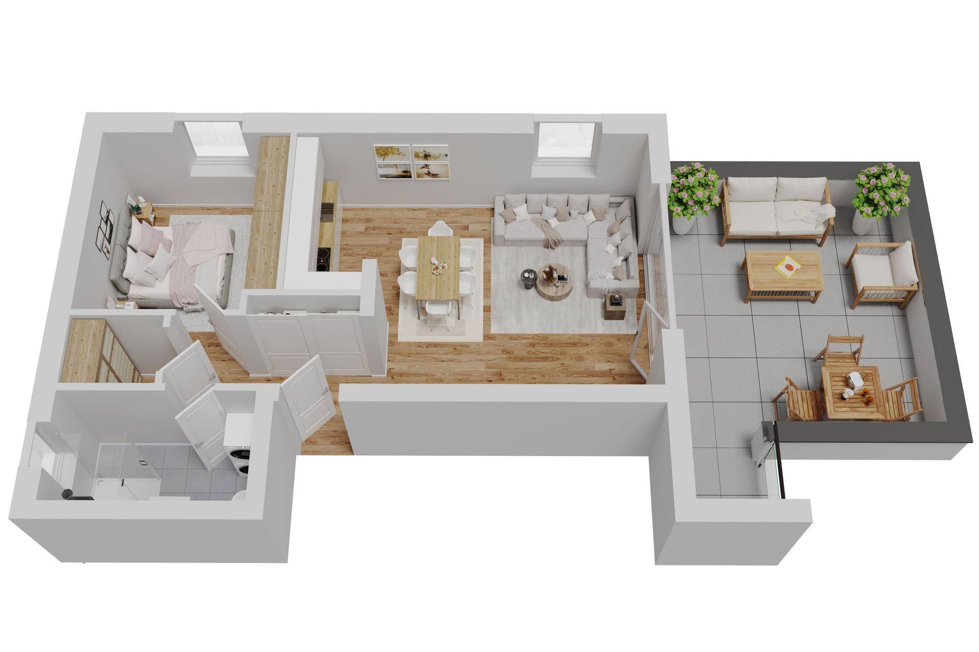 Detaillierter 3D-Grundriss einer Wohnung mit möbliertem Wohnbereich, Schlafzimmer und großer Terrasse.