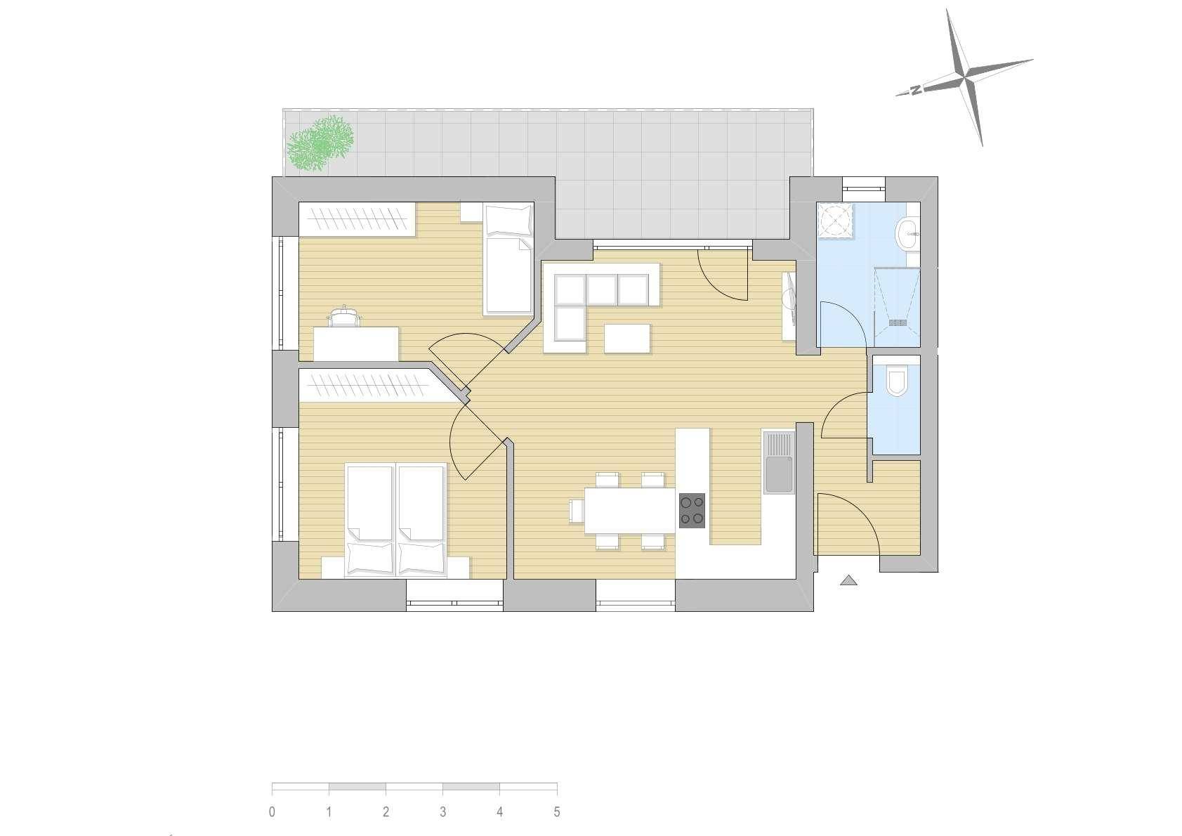 Grundriss einer Wohnung mit zwei Schlafzimmern, offenem Wohnbereich und großer Terrasse.