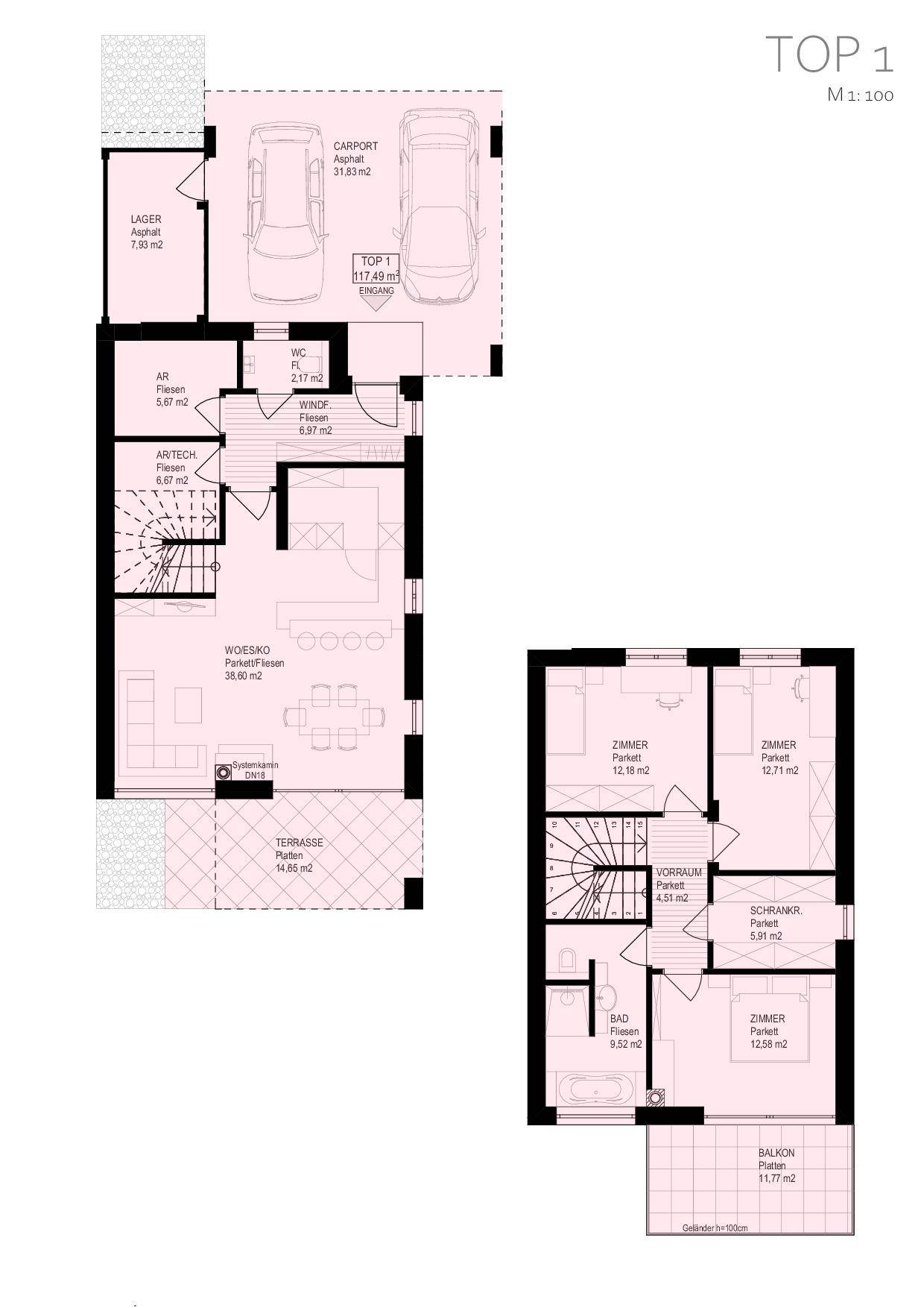 Grundriss für TOP 1 mit zwei Etagen, Terrasse, Balkon und integriertem Carport.