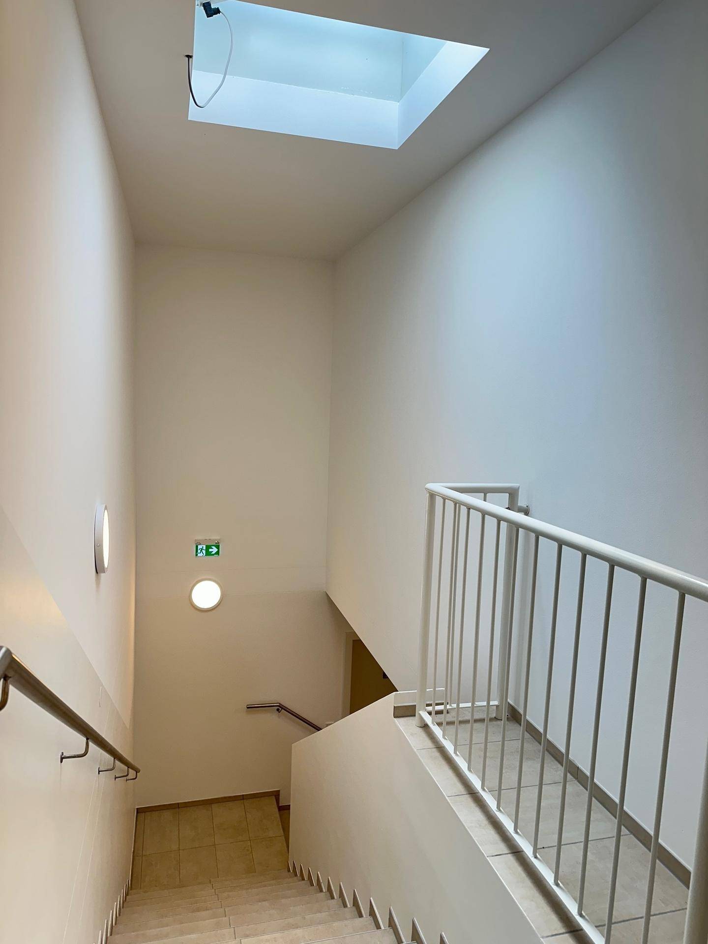 Helles Treppenhaus mit Handläufen, Fliesenboden und einem Oberlicht für natürliches Licht.