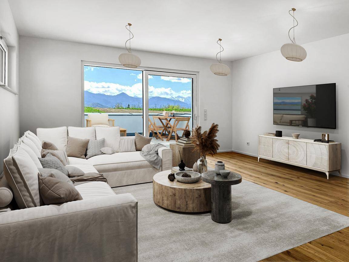 Helles Wohnzimmer mit modernem Sofa, Holzboden und Schiebetür zur Terrasse mit Bergblick.