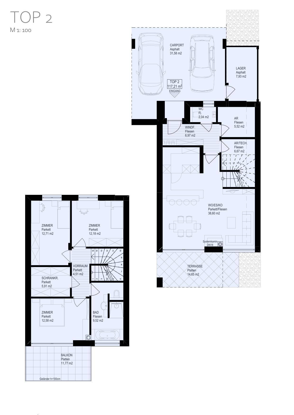 Grundriss für TOP 2 mit Carport, Terrasse, Wohn-Essbereich und mehreren Zimmern.