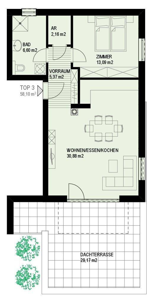 Klassischer 2D-Grundriss einer Wohnung mit Zimmer, Bad, Wohn-/Essbereich und Dachterrasse.