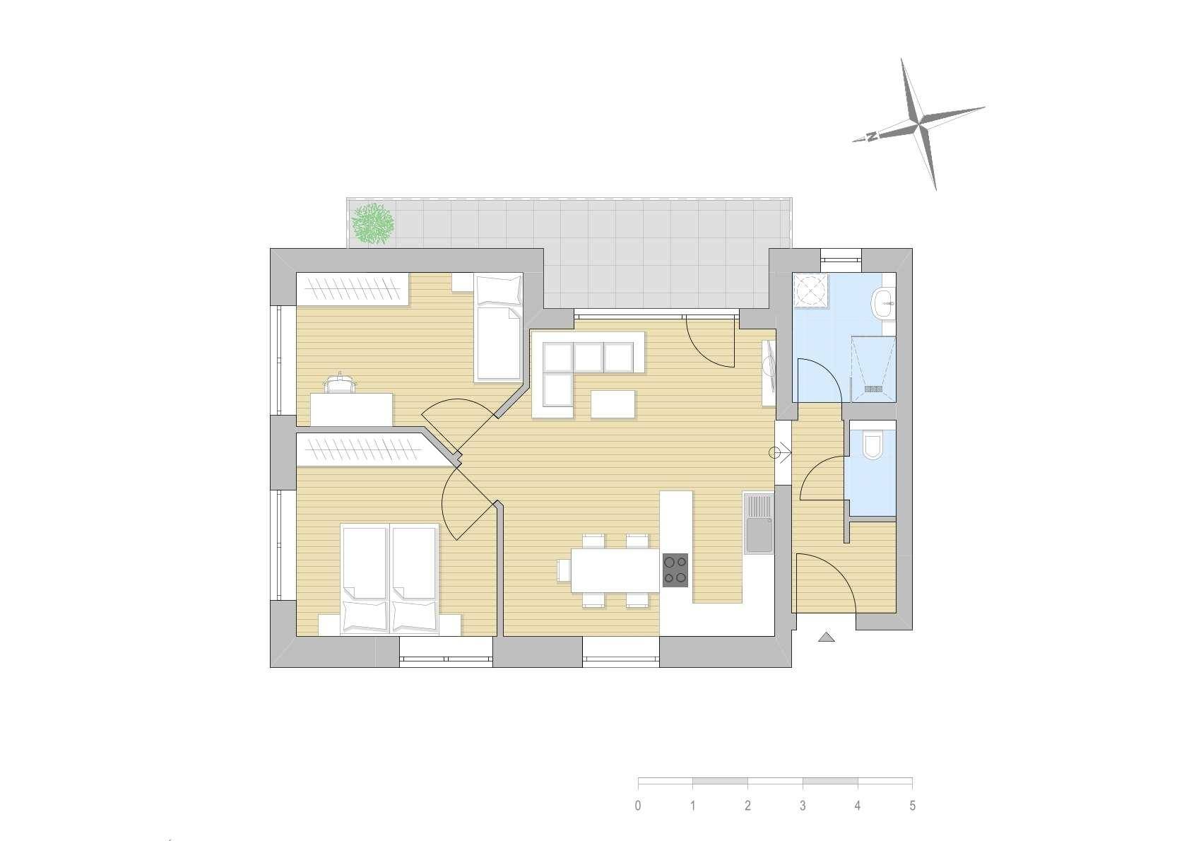 Grundriss einer Wohnung mit zwei Schlafzimmern, offenem Wohnbereich und zwei Bädern.