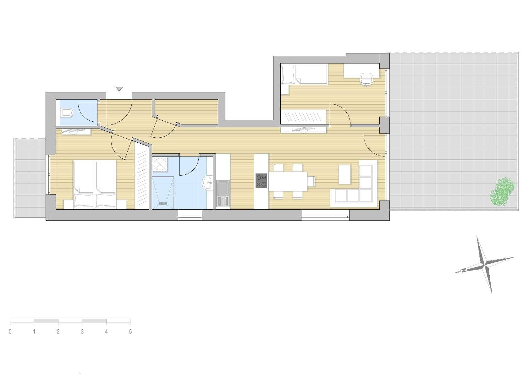 Grundriss einer Wohnung mit offenem Wohnbereich, zwei Schlafzimmern und zwei Bädern.
