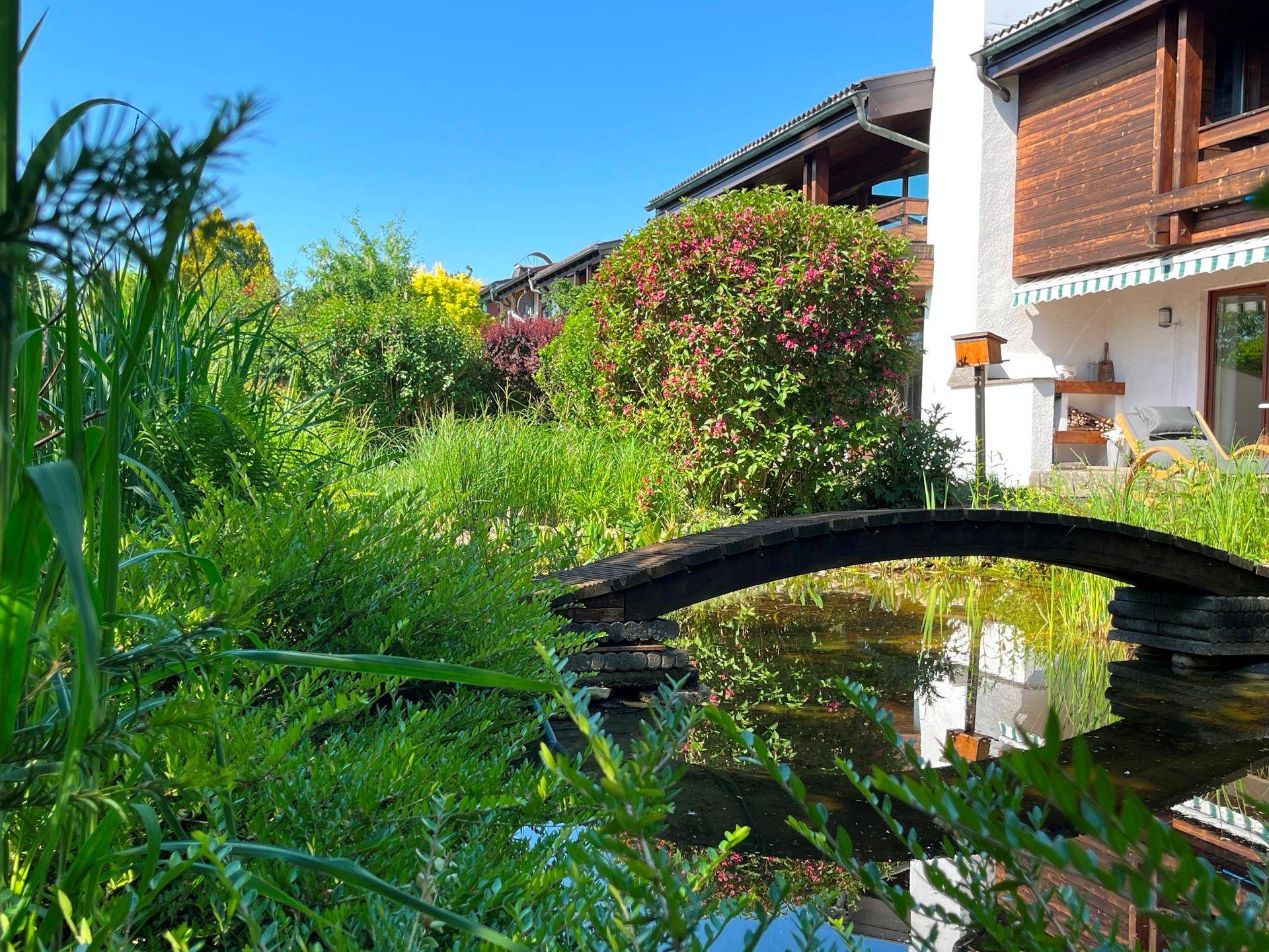 Ruhiger Gartenteich mit Holzbrücke und üppiger Uferbepflanzung vor dem Wohnhaus.