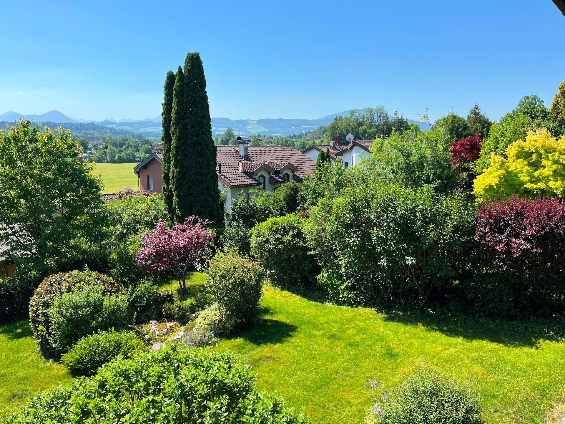 Weitläufiger Garten mit üppiger Vegetation und Panoramablick auf die grüne Landschaft.
