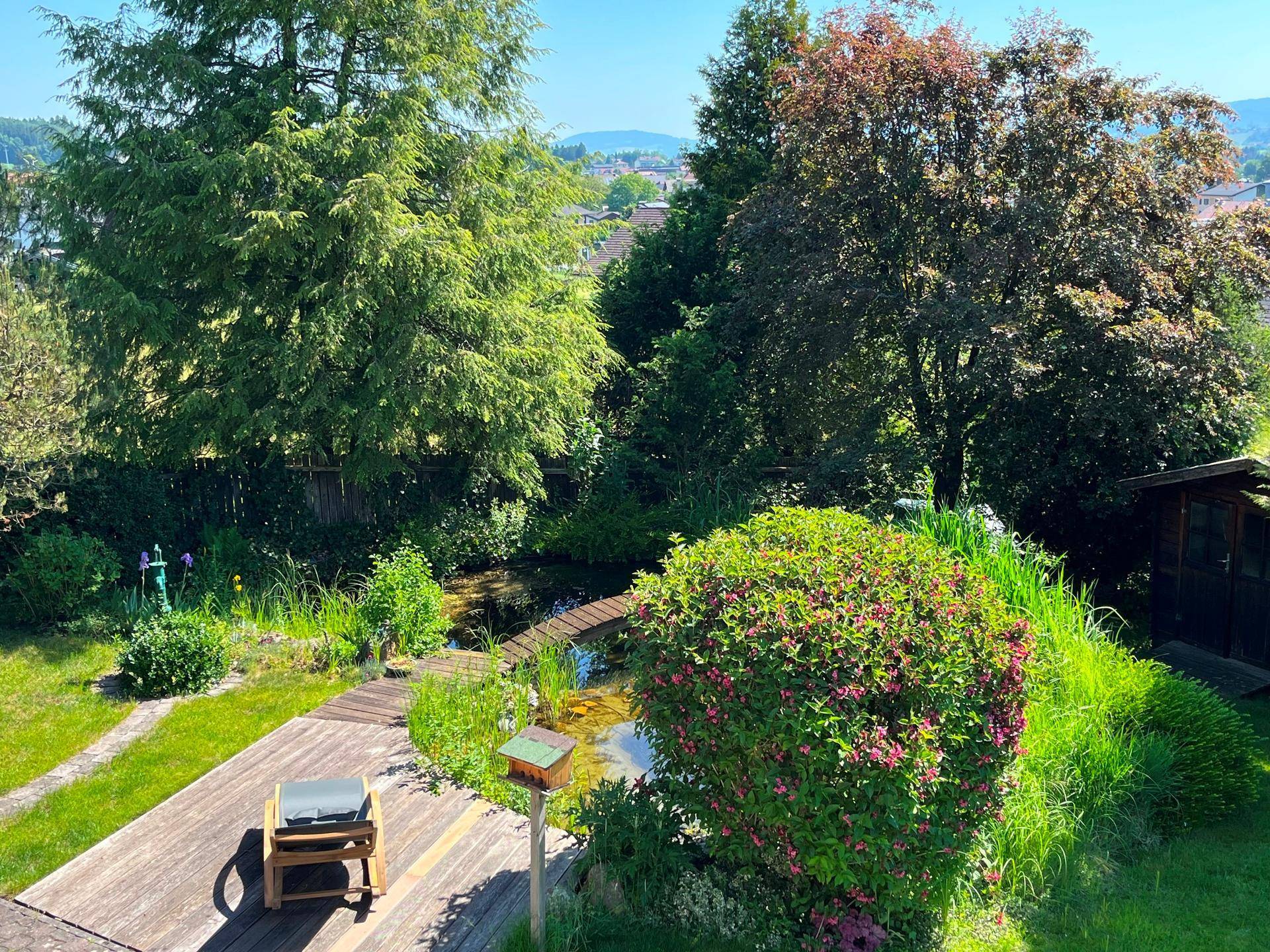 Gartenansicht von oben mit Teich, Holzsteg und üppiger Bepflanzung unter blauem Himmel.