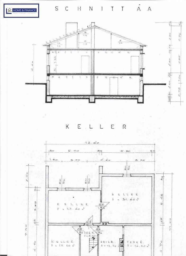 Schnittzeichnung des Gebäudes und Grundriss des Kellers mit verschiedenen Räumen.