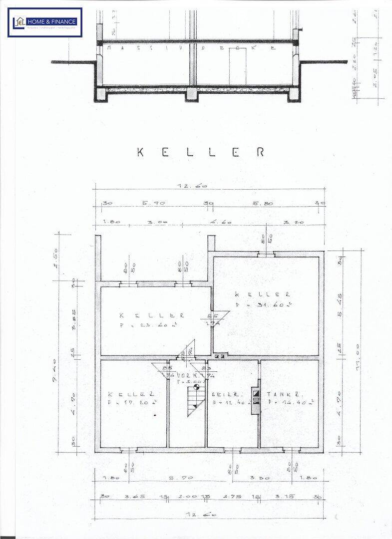 Grundriss des Kellers mit verschiedenen Kellerräumen und technischen Installationen.