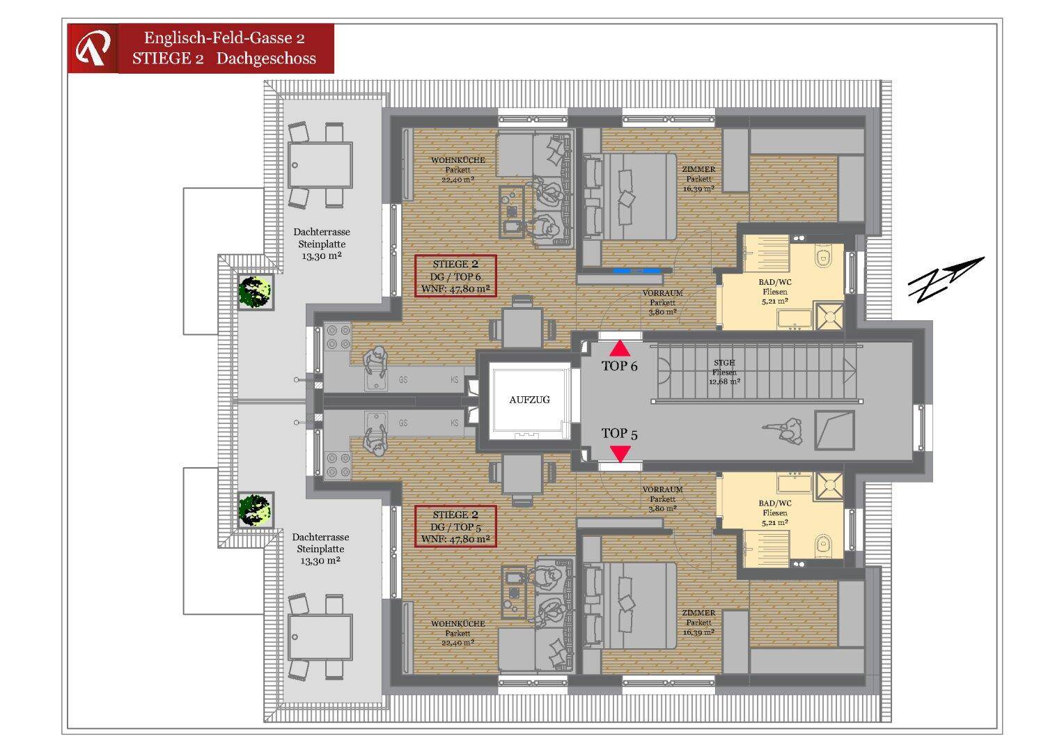 Grundriss des Dachgeschosses von Stiege 2 mit zwei Wohnungen, Terrassen und Bädern.