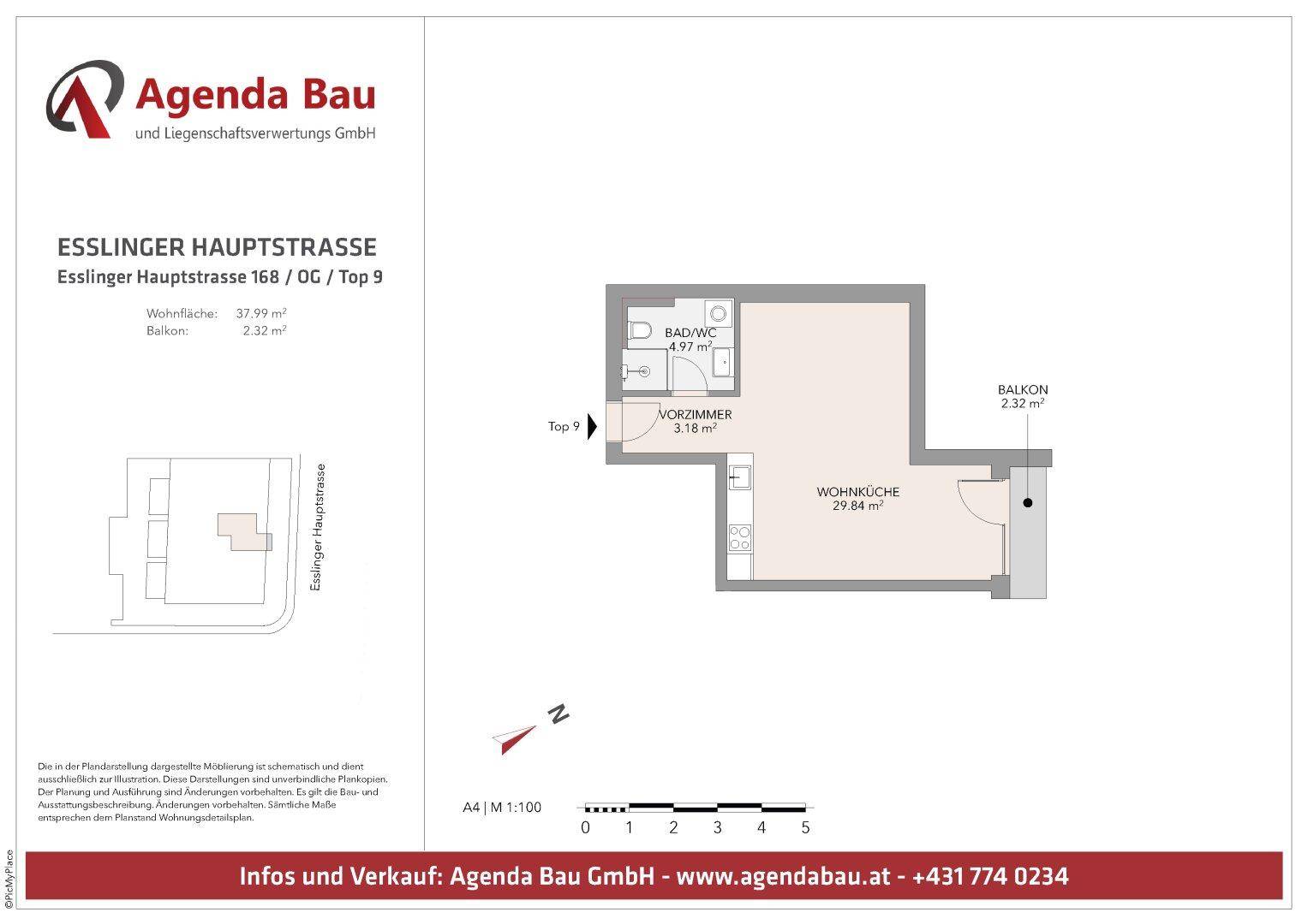 Grundriss der Wohnung Top 9 mit Wohnküche, Bad/WC und Balkon.