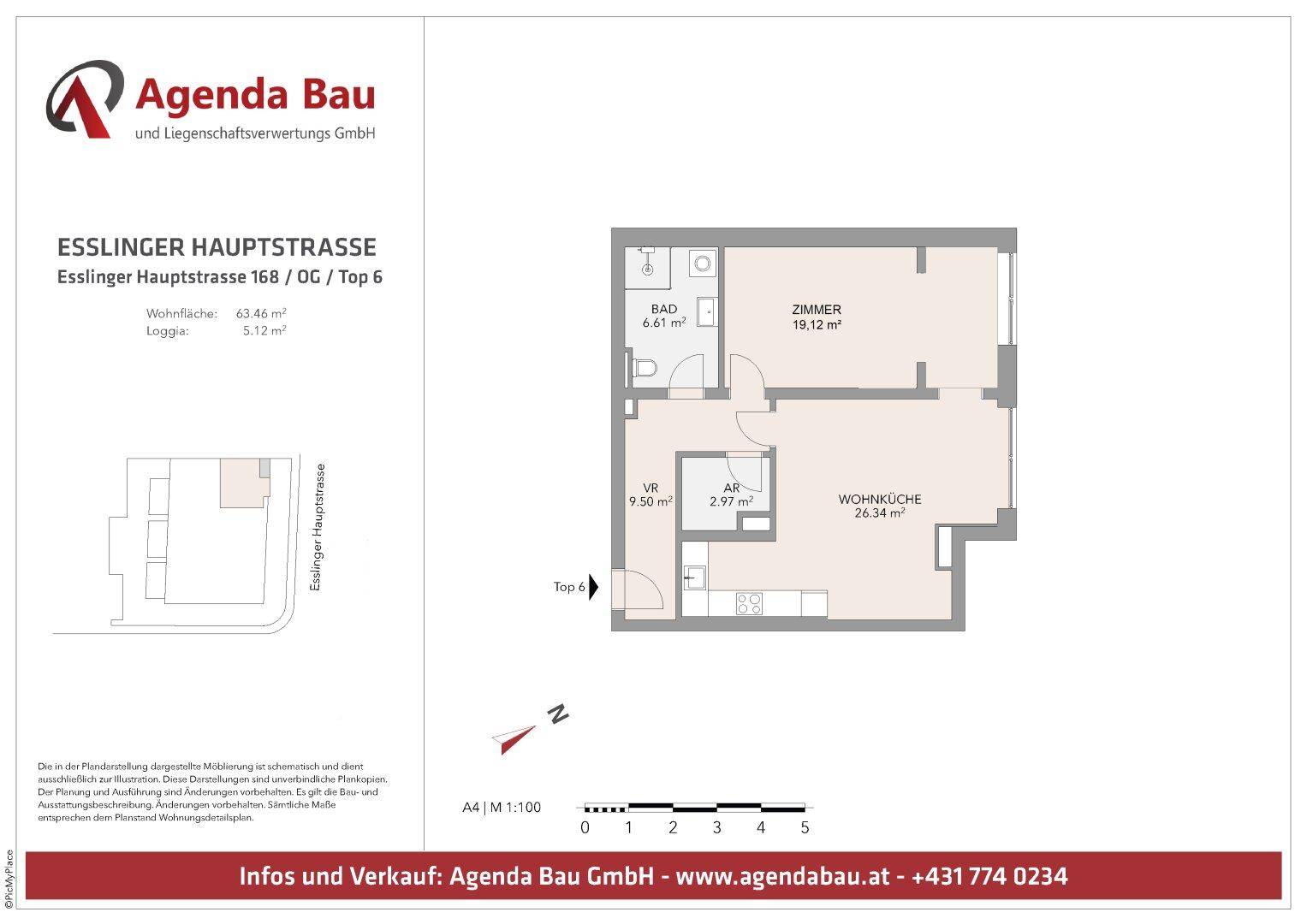 Grundriss einer Wohnung (Top 6) mit Wohnküche, Zimmer und Bad auf 63,46 m².