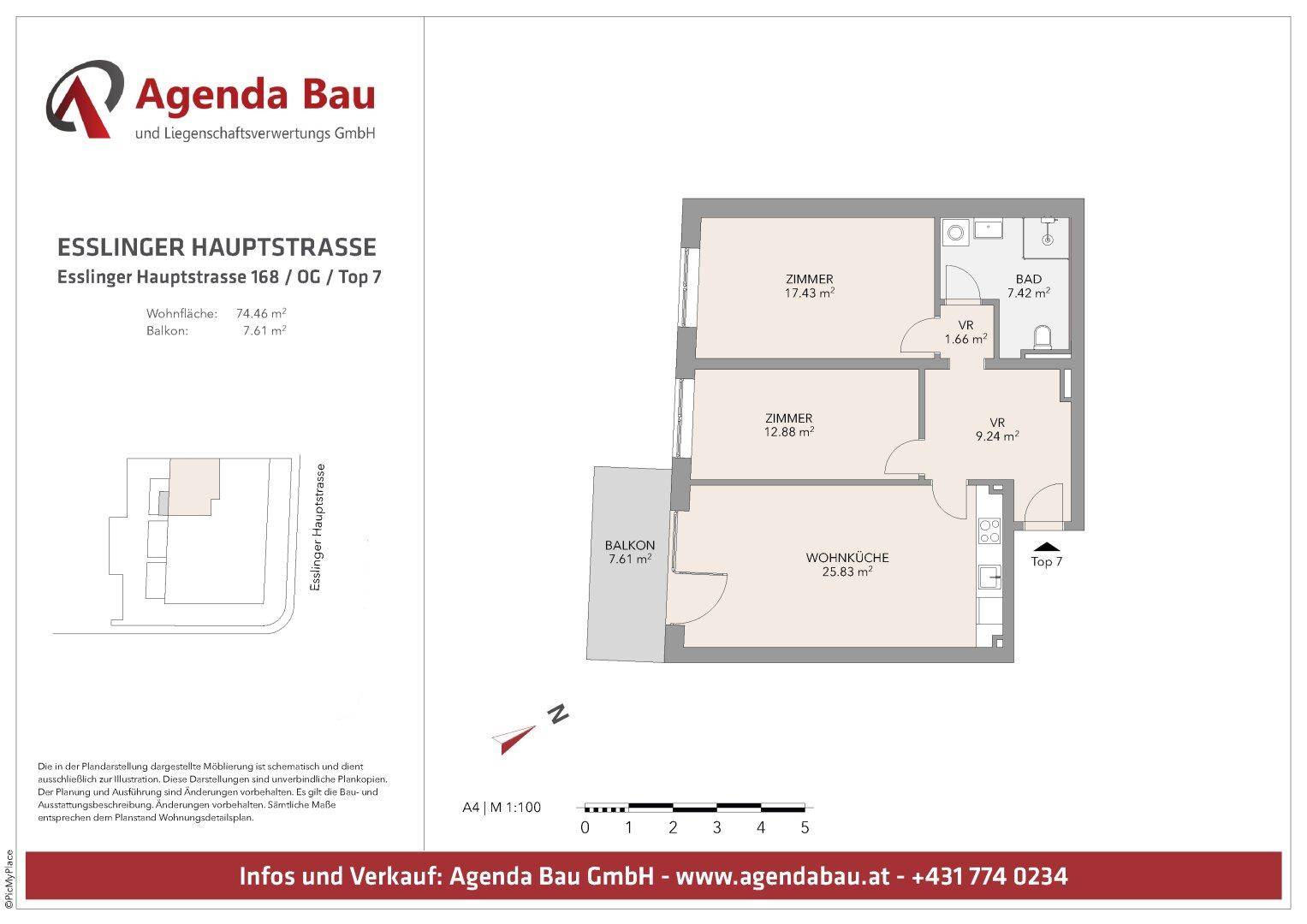 Grundriss der Wohnung Top 7 mit Wohnküche, Zimmern, Bad und Balkon.