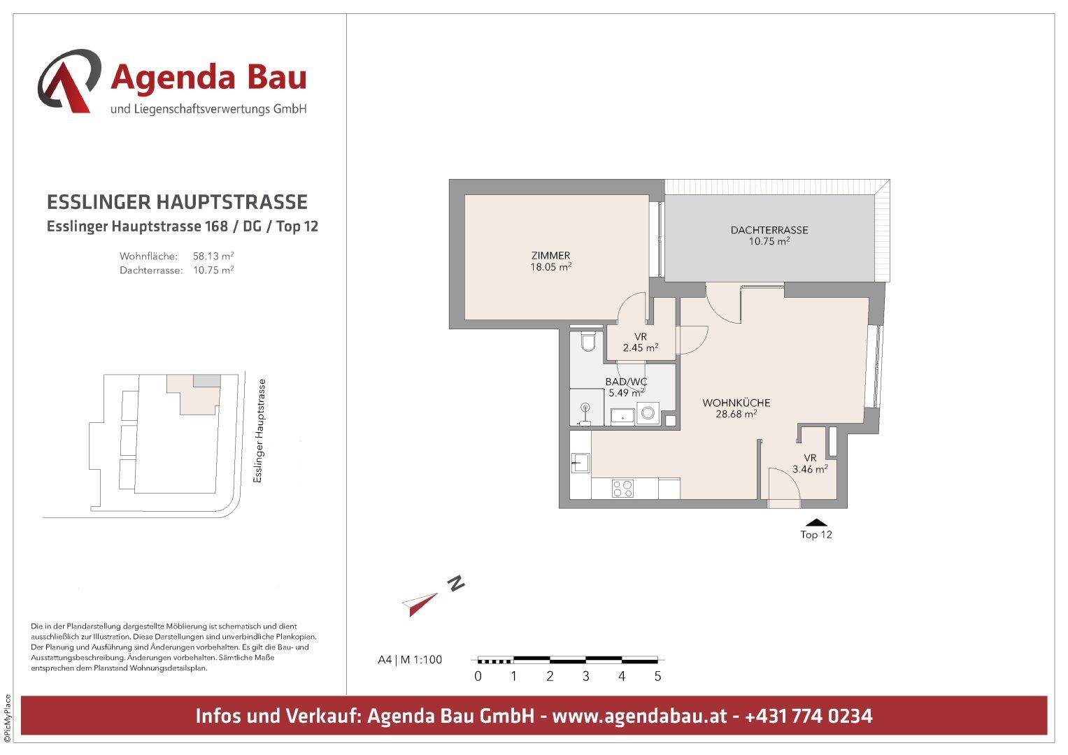 Grundrissplan einer Dachgeschosswohnung mit Zimmer, Bad/WC, Wohnküche und Dachterrasse.