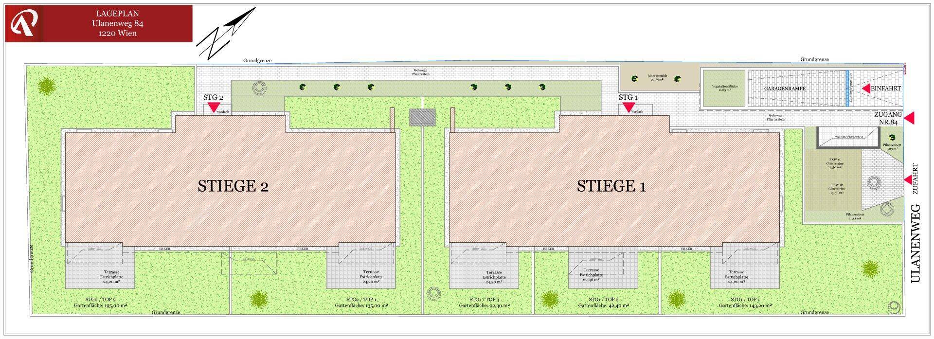 Lageplan zeigt die Anordnung der Gebäude Stiege 1 und 2 mit Gärten und Garagenzufahrt.