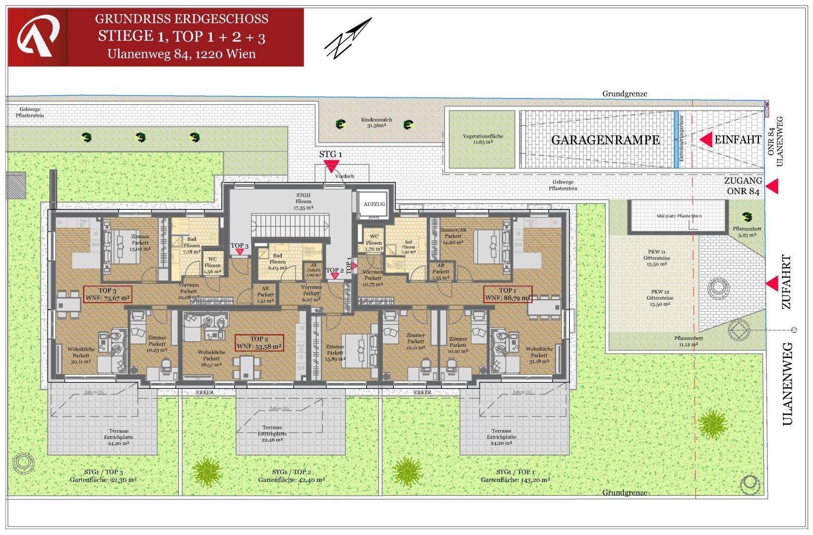 Grundriss des Erdgeschosses mit drei Wohneinheiten, jeweils mit offenem Wohnbereich, Terrasse und privatem Garten.