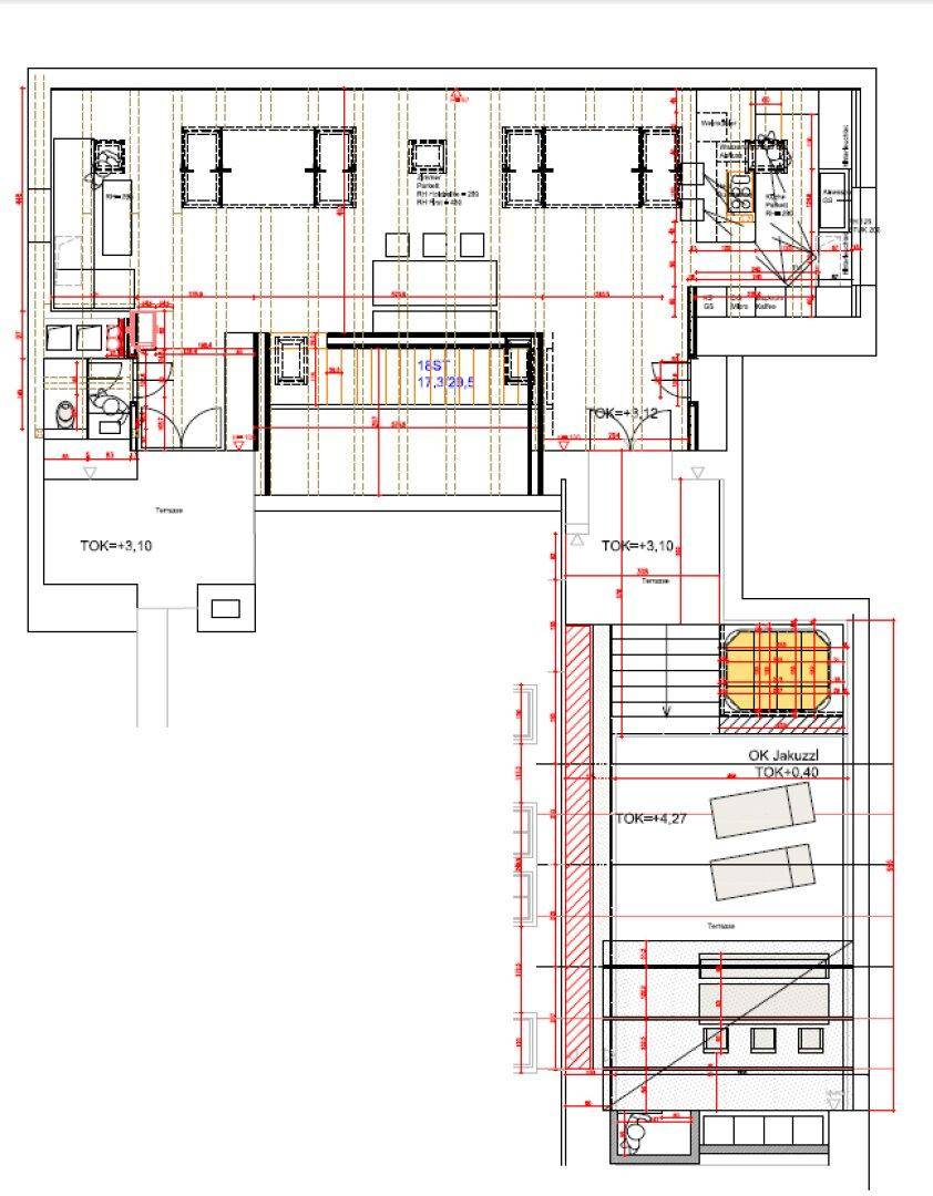 Grundriss einer Etage mit offenem Wohnbereich, großer Terrasse und integriertem Whirlpool.