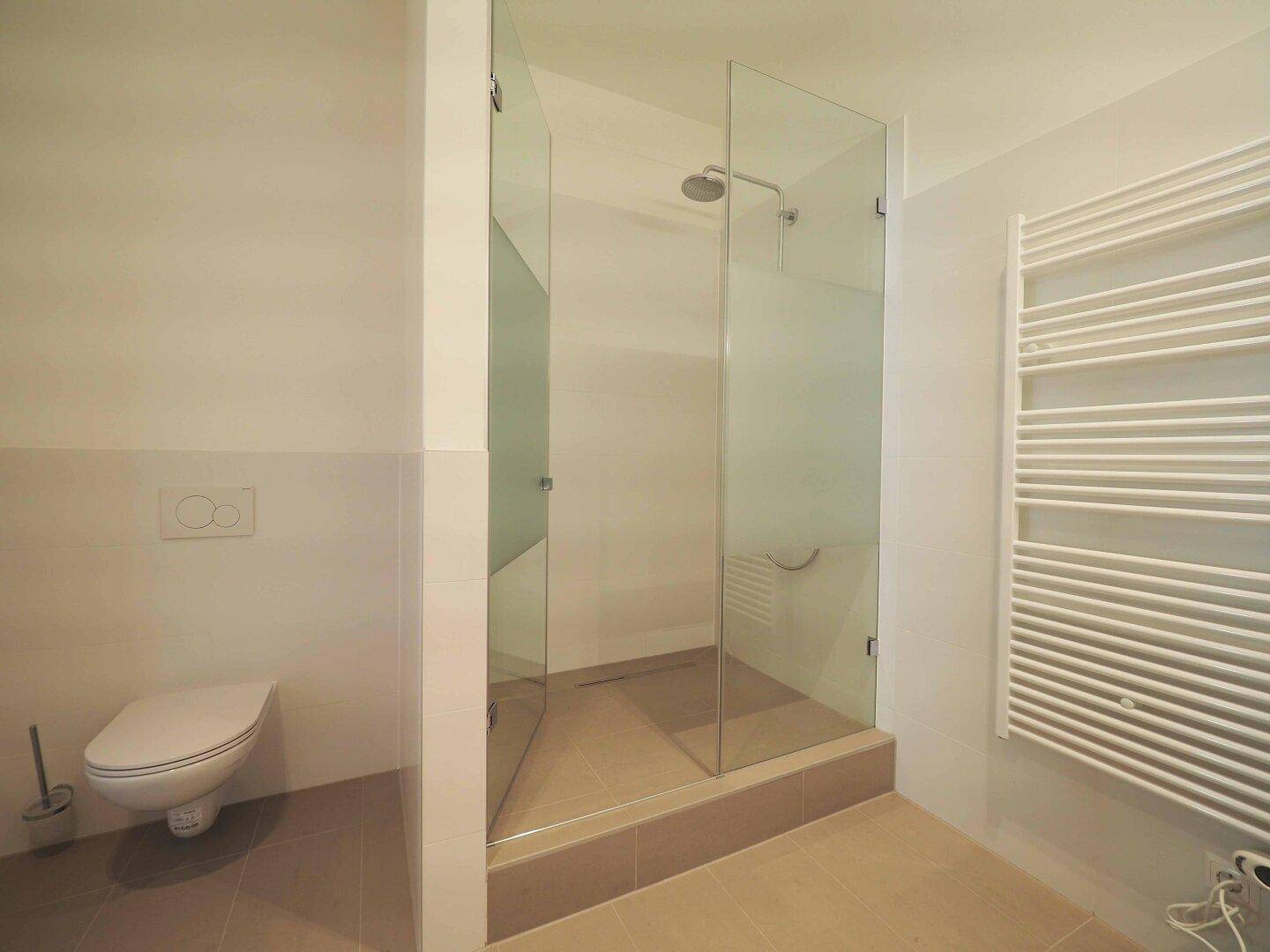 Zeitgemäßes Badezimmer mit wandhängendem WC und einer geräumigen begehbaren Dusche aus Glas.