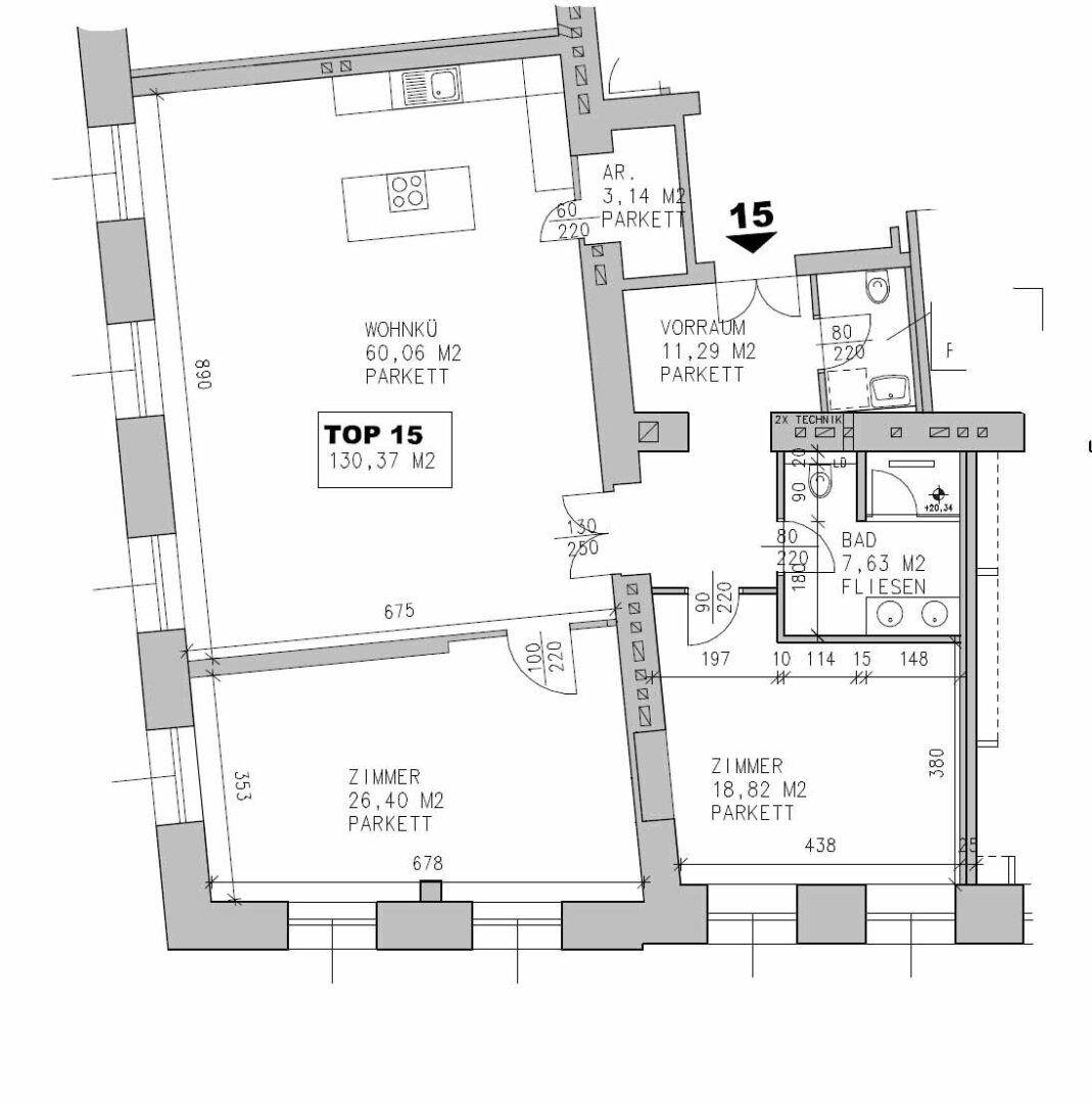 Grundriss der Wohnung Top 15 mit 130,37 m² Wohnfläche, offener Wohnküche und drei Zimmern.