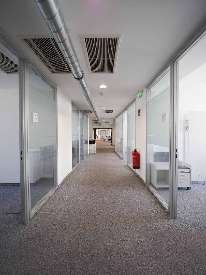 Langer Bürogang mit Teppichboden, Glaswänden zu den Büros und sichtbaren Lüftungsrohren an der Decke.