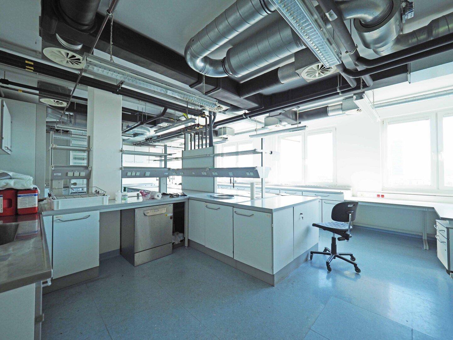 Laborraum mit integriertem Geschirrspüler, weißen Schränken und umfangreicher Lüftungstechnik an der Decke.