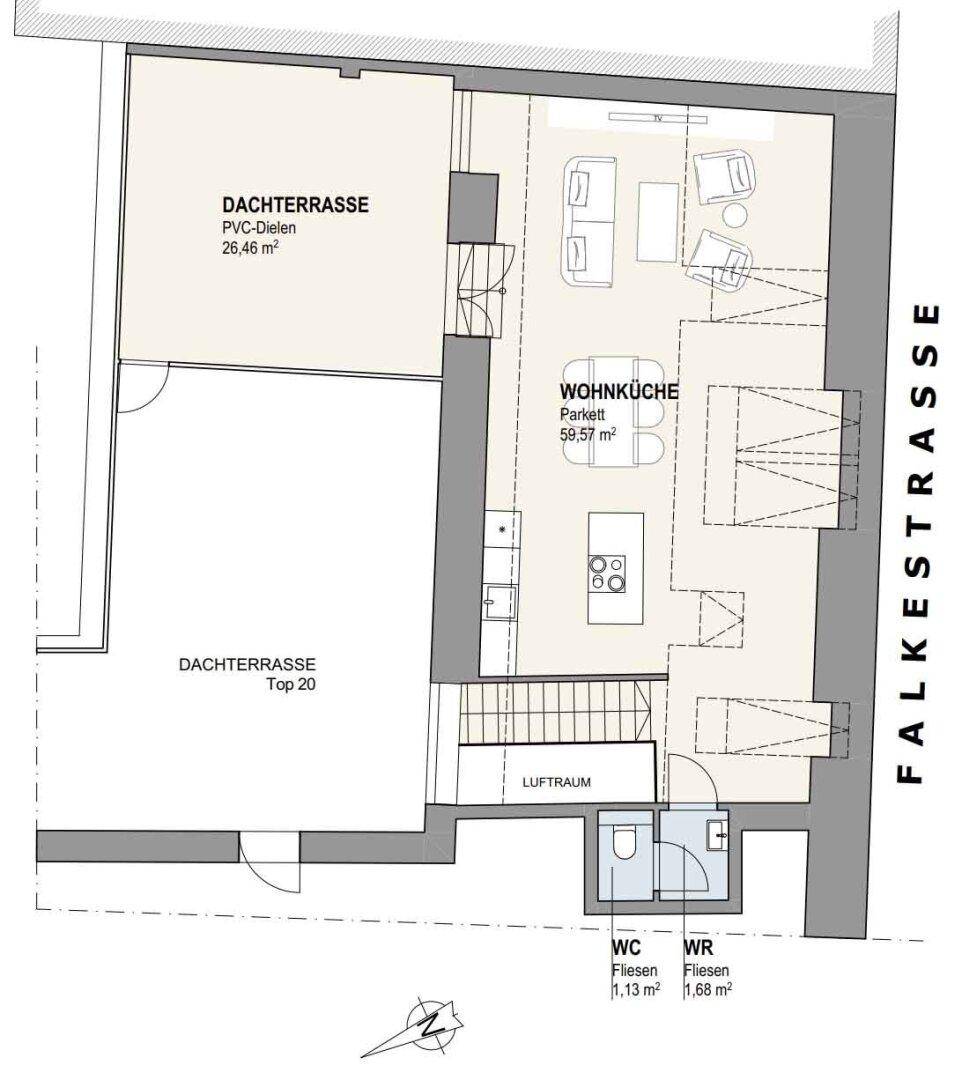 Grundriss des Dachgeschosses mit großer Wohnküche und zwei Dachterrassen.