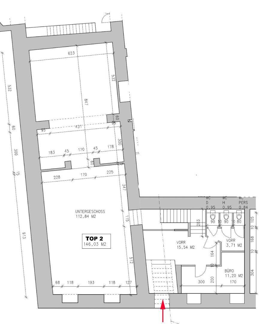 Grundriss des Untergeschosses mit einem großen Bereich und einem separaten Bürobereich.