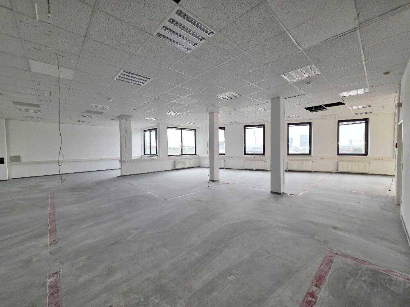 Großes, offenes Büro mit abgehängter Decke, Säulen und vielen Fenstern für Tageslicht.