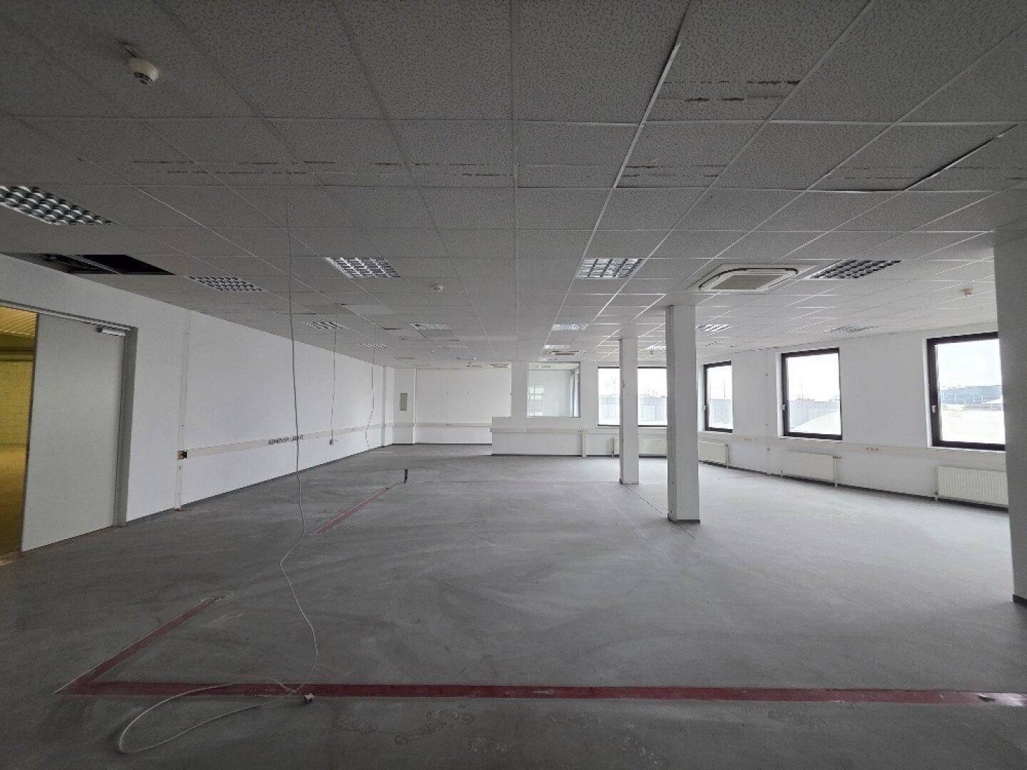 Geräumiges Büro mit Betonboden, abgehängter Decke und mehreren Fenstern, die viel Licht hereinlassen.