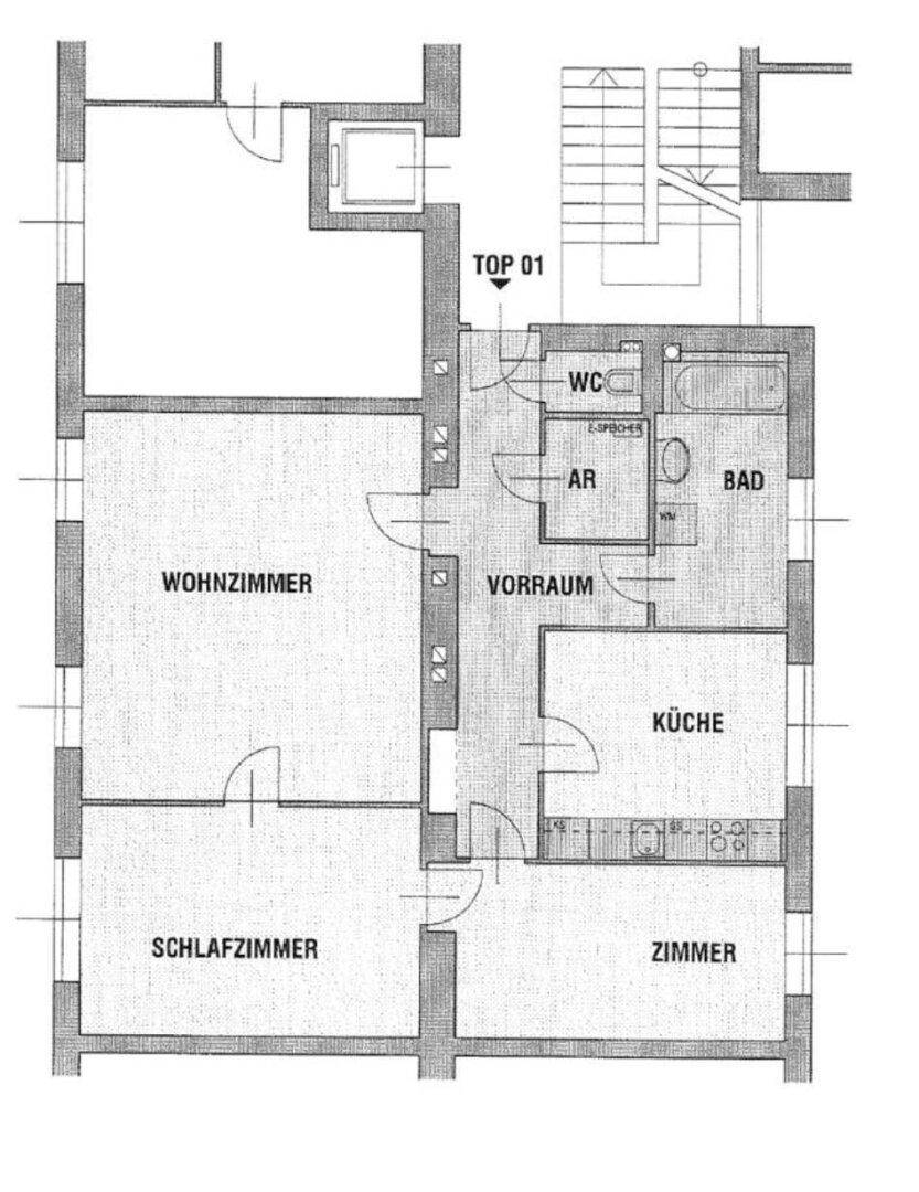 Grundriss der Wohnung mit Wohnzimmer, Schlafzimmer und Küche.