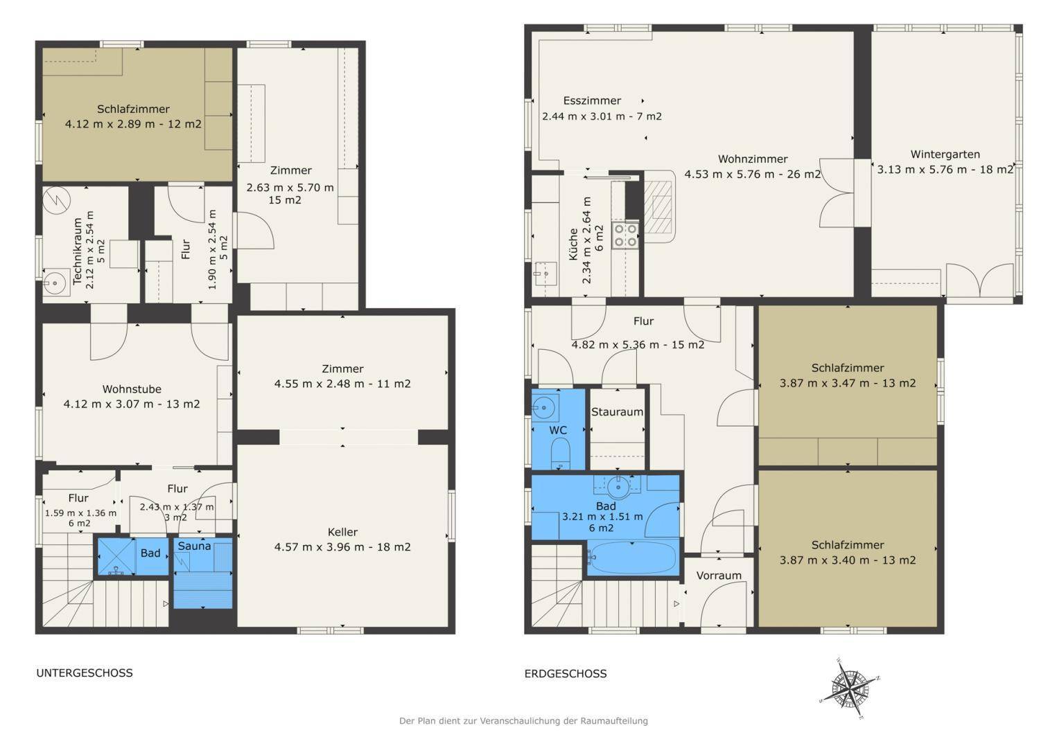 Grundriss des Untergeschosses und Erdgeschosses mit Wohnbereichen, Bädern und Sauna.