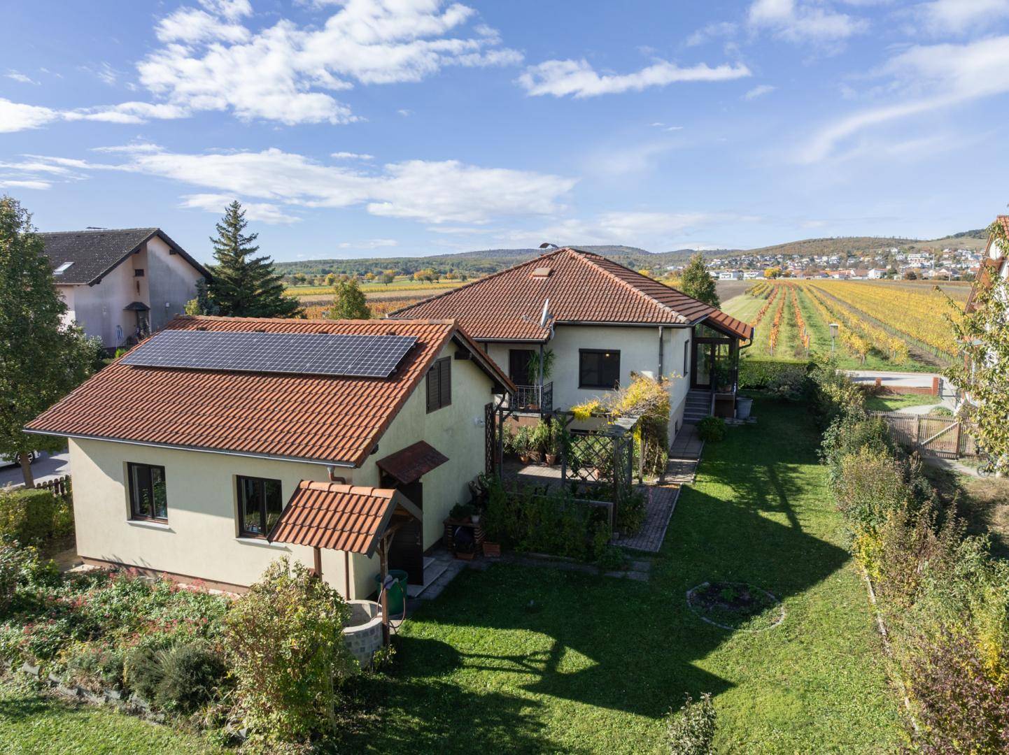 Luftaufnahme des Hauses von hinten mit Garten, Terrasse und angrenzenden Weinbergen.