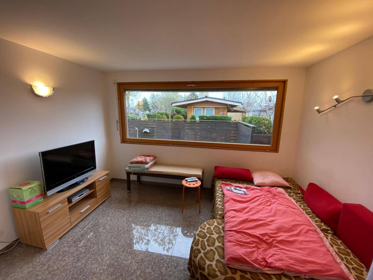 Gemütlicher Wohnbereich mit Schlafgelegenheit, Fernseher und großem Fenster mit Blick ins Grüne.