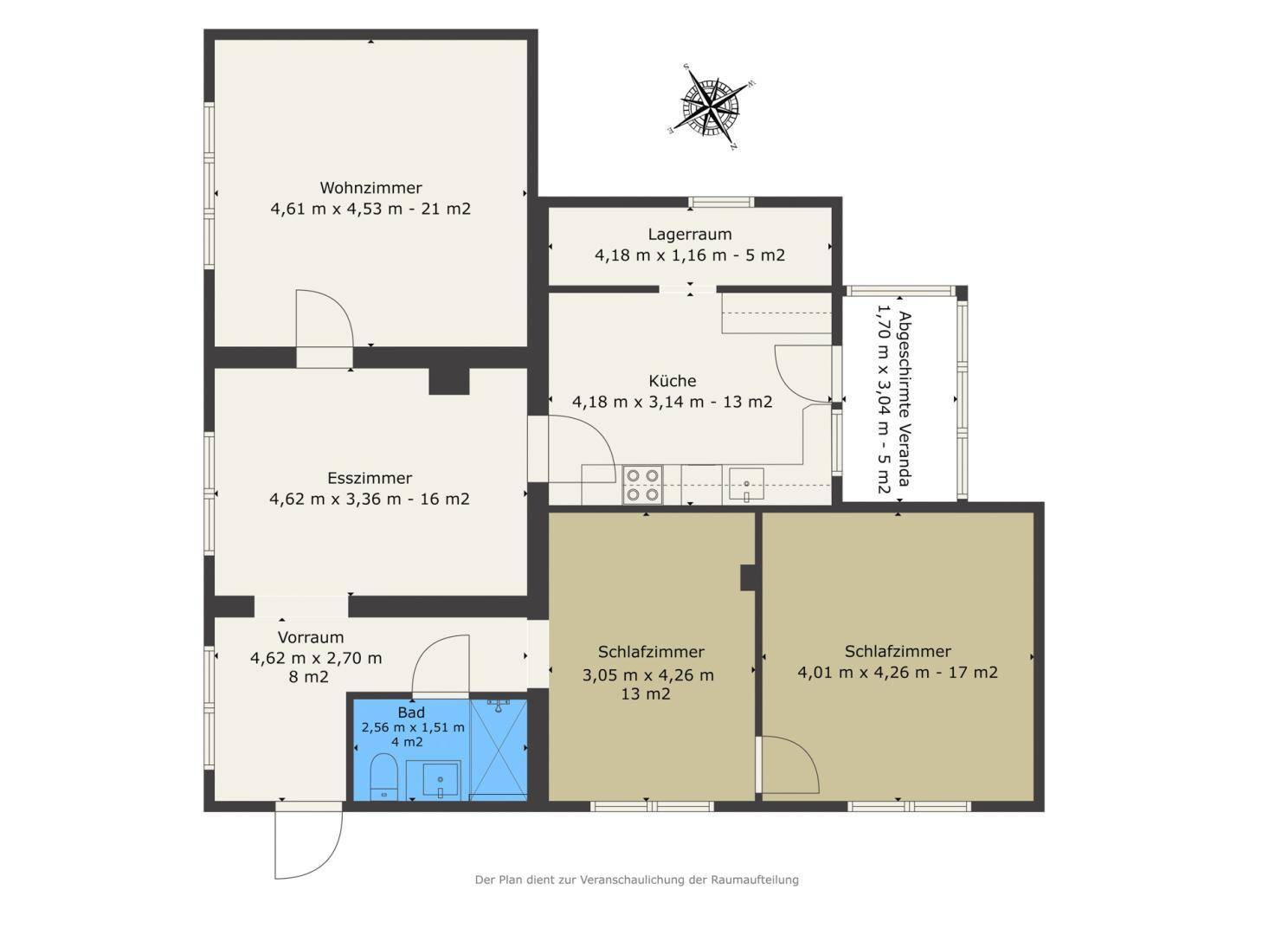 Grundriss des Hauses mit Wohnzimmer, Esszimmer, Küche, Schlafzimmern und Bad.