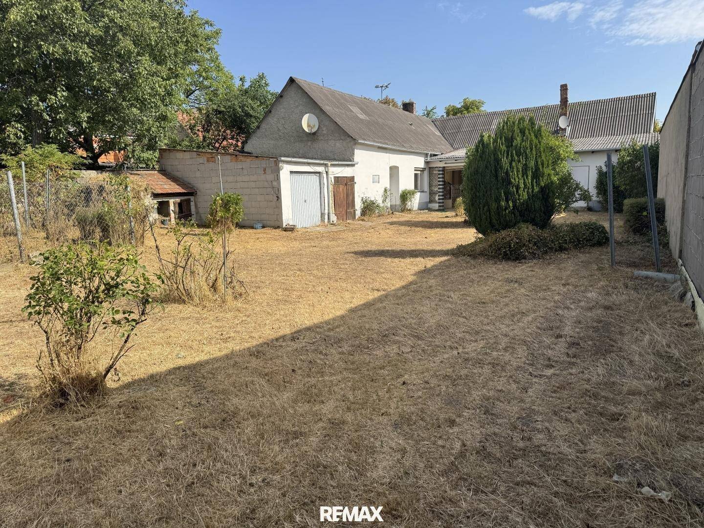 Weitläufiger, sonniger Gartenbereich mit trockenem Rasen und Nebengebäuden im Hintergrund, ideal für Gartenliebhaber.