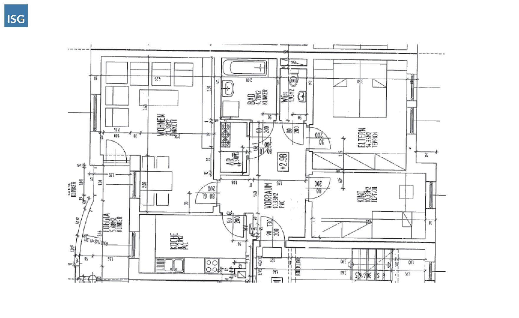 Grundriss einer Wohnung mit separater Küche, Wohnzimmer, zwei Schlafzimmern und Loggia.