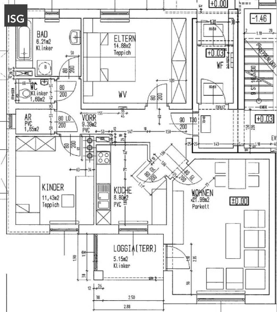 Grundriss einer Wohnung mit offenem Wohnbereich, Loggia, zwei Schlafzimmern und separatem WC.