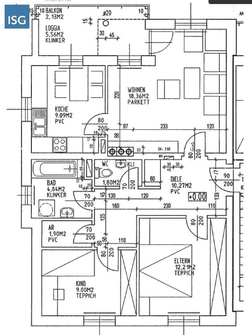 Grundriss einer Wohnung mit offenem Wohnbereich, zwei Schlafzimmern, Bad, separatem WC, Küche und Loggia.