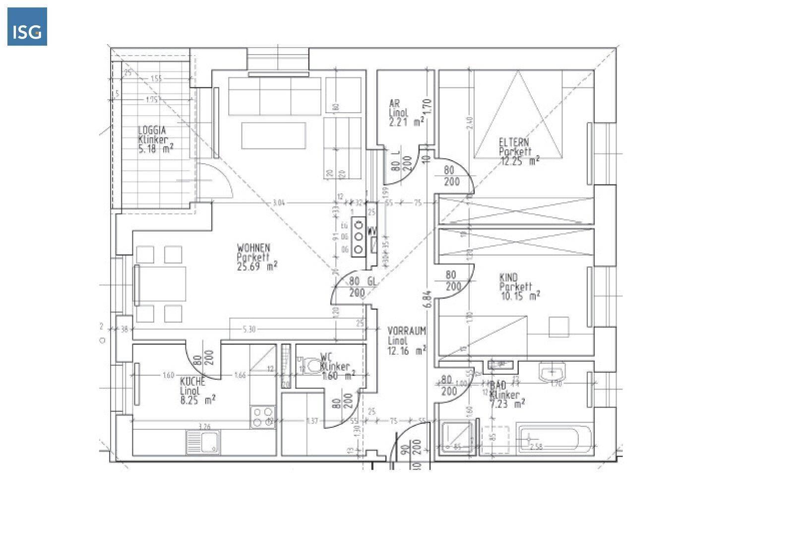 Detaillierter Grundriss einer Wohnung mit Wohnzimmer, zwei Schlafzimmern, Bad, WC und Loggia.