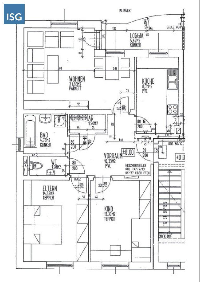 Grundriss einer Wohnung mit Wohnzimmer, Küche, Bad, WC, zwei Schlafzimmern und Loggia.