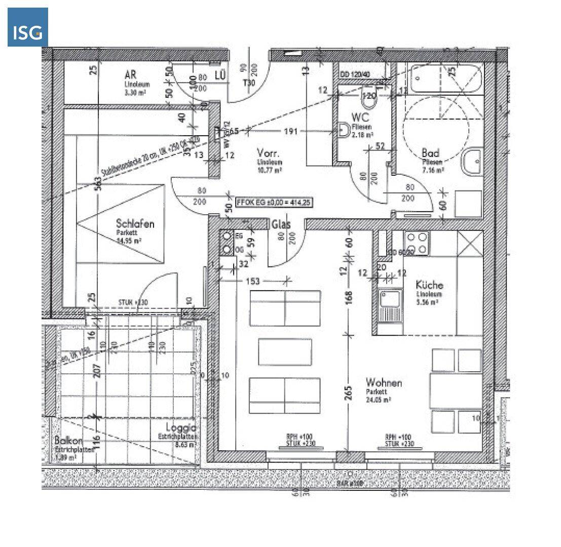 Grundriss einer Wohnung mit Schlafzimmer, Wohnzimmer, Küche, Bad, separatem WC und Loggia.