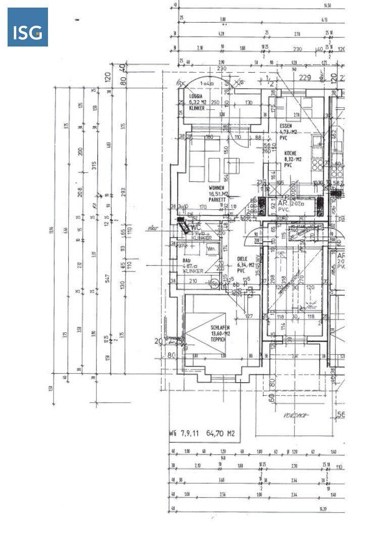 Grundriss einer Wohnung mit Schlafzimmer, Bad, Küche und offenem Wohnbereich sowie einer Loggia.