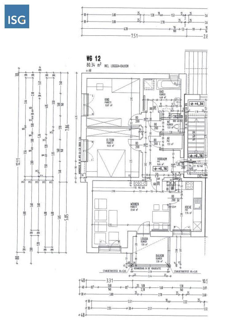 Grundriss einer Wohnung mit zwei Schlafzimmern, Bad, separatem WC, Loggia und Balkon.