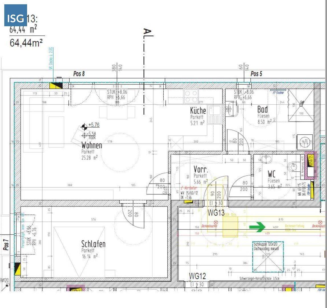 Grundriss einer Wohnung mit offenem Wohnbereich, Schlafzimmer, Küche, Bad und separatem WC.